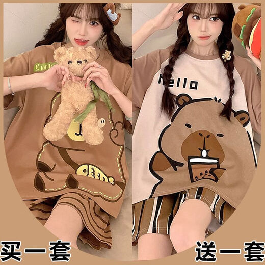 SMVP睡衣卡皮巴拉短袖女生圆领夏季薄款高颜值甜美居家服套装2025新款 694卡皮巴拉+689熊 5XL [200-240斤]