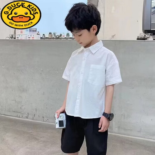 G.duck children's clothing boys white short-sleeved shirt 2026 new style children's solid color shirt baby summer top trendy white 140