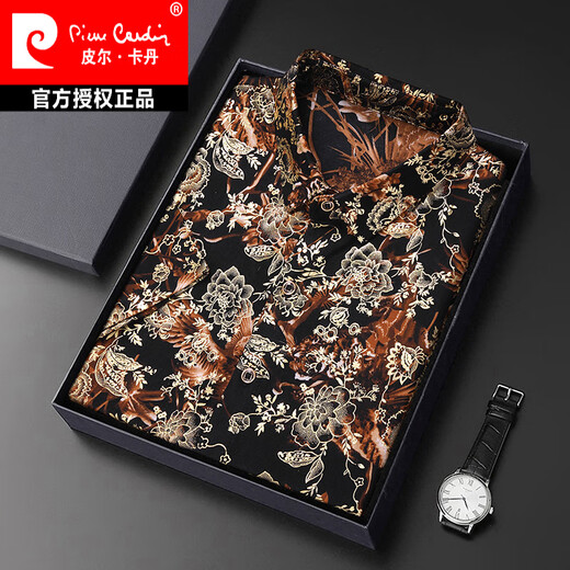 皮尔卡丹（pierre cardin）夏季桑蚕丝短袖衬衫男士中年休闲免烫抗皱宽松半袖冰.丝方领衬衣 6630红色 真口袋衬衫 M 165/38