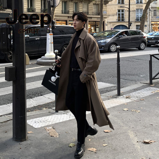 JEEP Spring and Autumn Style Mid-Length Windbreaker Men's Korean Style Loose Trendy Handsome Over-the-Knee Coat Double-Breasted Trench Jacket Black Cotton Thickened M 105-125Jin Jin equals 0.5 kg
