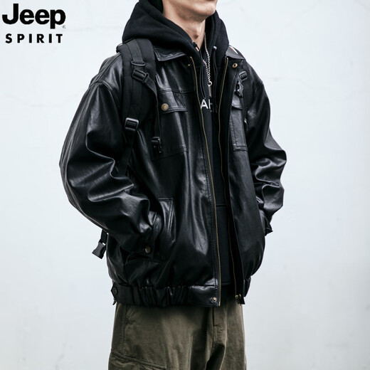 JEEP SPIRIT Jeep leather jacket men's spring and autumn trendy brand loose and handsome men's versatile pilot motorcycle jacket PU949 black M 100-110Jin Jin is equal to 0.5 kg