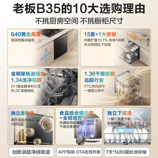 Boss (Robam) 15 sets of salt-based G1mini2.0 black built-in dishwasher under the stove, antibacterial gold steel follow-up wash, independent drying, UV disinfection, layered wash W64B35D