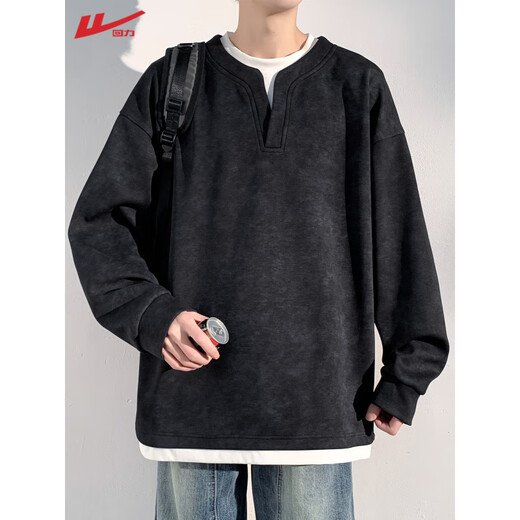 Pull-back sweatshirt for men, spring and autumn holiday two-piece long-sleeved top, American Henry collar bottoming shirt, retro casual jacket, black XL, height 170-180, weight 130-145