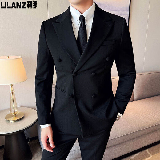 Lilang suit men's wedding striped groom's formal dress double-breasted British style casual slim three-piece suit dark gray L