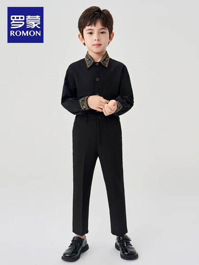 Luo Meng children's black shirt and black trousers boys' performance clothing chorus suit summer embroidered black shirt and trousers two-piece set long-sleeved embroidered black shirt + black trousers 130 cm