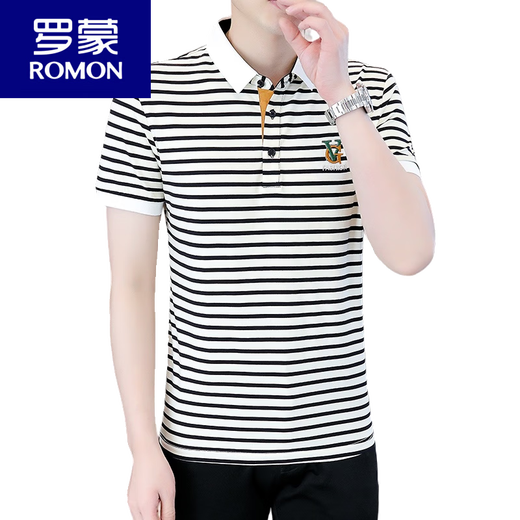 ROMON short-sleeved T-shirt for men's summer ice silk polo shirt striped embroidered lapel t-shirt breathable half-sleeved top 6626 gray M [80-100Jin [Jin equals 0.5 kg]]