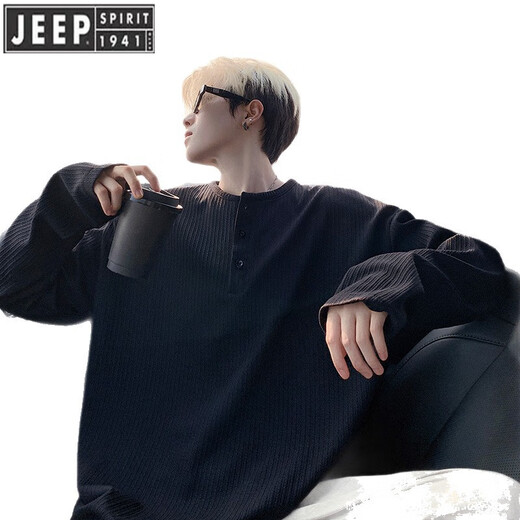 JEEP SPIRIT Jeep Henry collar black men's long-sleeved t-shirt spring and autumn tops 2025 sweatshirt men's inner layering shirt trendy white L