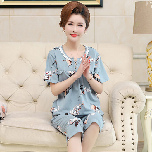维多利亚的格调中年妈妈睡衣女夏季纯 棉短袖家居服中老年薄款七分裤两件套 Y3937 XL