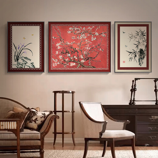 MOJY Hall sofa with paintings new Chinese style and eyebrows living room decoration paintings new Chinese style atmospheric sofa background wall hanging F Happy on the branches set of three pictures on both sides 70*90 in the middle 90*12044