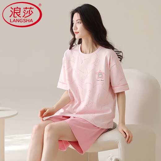 
LangSha light luxury pajamas for women in summer shorts shorts cotton round neck thin sweet pink home clothing set can be worn outside Z9855 M [80-100Jin [Jin equals 0.5 kg] wear]