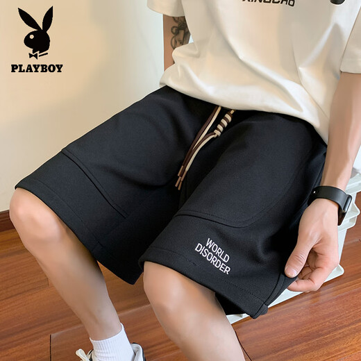 花花公子（PLAYBOY）2025夏季新款时尚潮流刺绣短裤男潮流宽松百搭直筒运动五分裤子 826米白色 M
