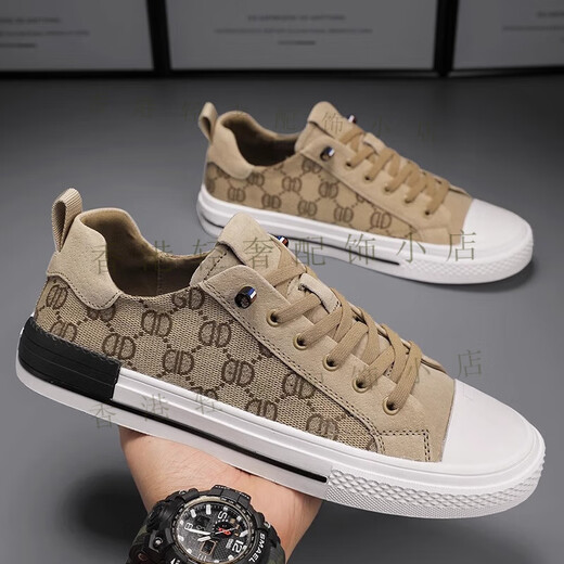 KLWPPS canvas shoes for men 2025 new one-foot men's shoes breathable casual and versatile sports retro flat shoes Khaki 39