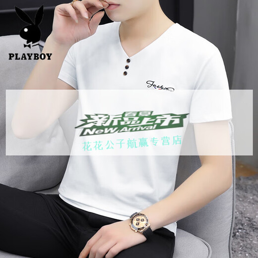 
Playboy V-neck Short-sleeved T-shirt for men 2025 Spring and Autumn New Summer Fashionable All-match Slim Half-sleeved Top Trendy T-shirt White 691 M 90-115Jin [Jin equals 0.5 kg]