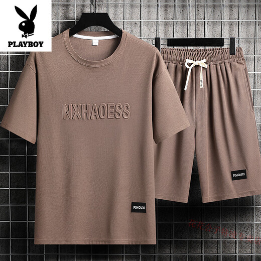 Playboy Men's Summer Suit Teen Short Sleeve T-shirt Thin Ice Silk Two-Piece Set Casual Sportswear Five-point Short Pants Set-TZ829 Military Green [Top + Pants] M Recommended 90-110Jin [Jin equals 0.5 kg]