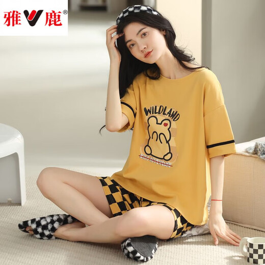雅鹿2025年新款睡衣女夏季纯.棉短袖两件套夏天家居服 YZ9848黑条纹 M 女款 建议80-100斤