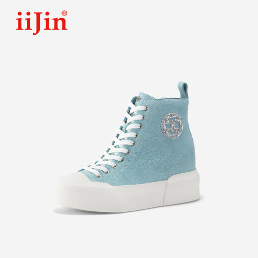 IiJin 2024 new 8cm thick sole inner heightening anti-velvet solid color versatile casual high-top shoes for women YF698ABC blue 36
