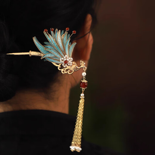 Shijun (SHIJUN) wedding golden phoenix hairpin, imitation velvet flower, ancient style filigree hairpin, new Chinese style cool Song Guanfeng hairpin dress cheongsam, the same reverse side can be used on the left and right