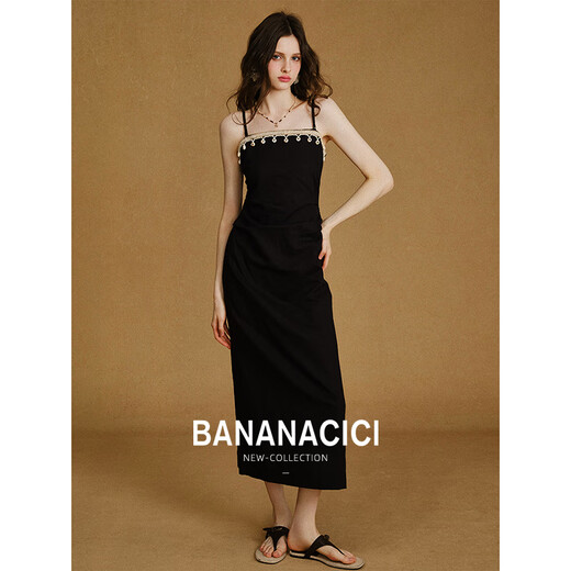 
banana cici 2025 summer new vacation style cotton linen straps detachable suspender dress C252LY674 Black M