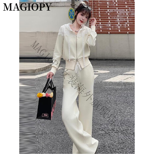 MAGIOPY国际奢侈高档品牌chic韩版休闲运动套装女2025春洋气拼接蕾丝外套 杏色套装 S(100斤以内)