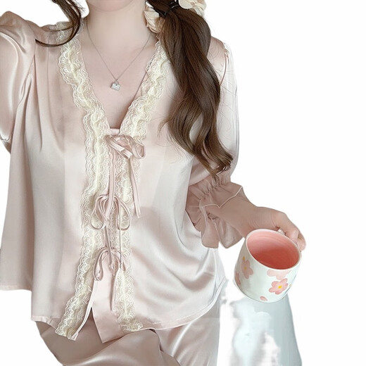 GPHF Pajama de GP japonés para mujeres Seda de seda de hielo Summer pantalones de manga larga encaje francés dulce y lindo juego de ropa para el hogar de alta gama 6622# rosa pantalones cortos de manga corta xl