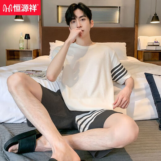 Hengyuanxiang Pyjamas Herren Sommer Dünne reine Baumwolle 2025 NEU NEUER Kurzärärmel-Kurzärärmel-Außenbaumwolle Teenager Heimkleidung Z679 Reine Baumwollset Weiche und hautfreundliche L [vorgeschlagen 100-130jin [Jin gleich 0,5 kg] tragen]