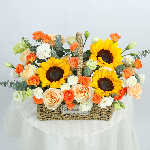 Zorah Flower Express, sunflower and rose mix and match bouquets and baskets, birthday gifts, nationwide citywide delivery, Champagne and sunflowers, mix and match hand-held flower baskets