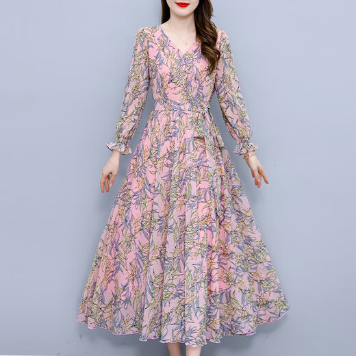 Lism [gleicher Stil im Einkaufszentrum] High-End-Kleid 2025 New Style Chiffon Long Sleeves Modes Temperament und wunderschönes Herbstrosa M (96-105jin [Jin gleich 0,5 kg]))