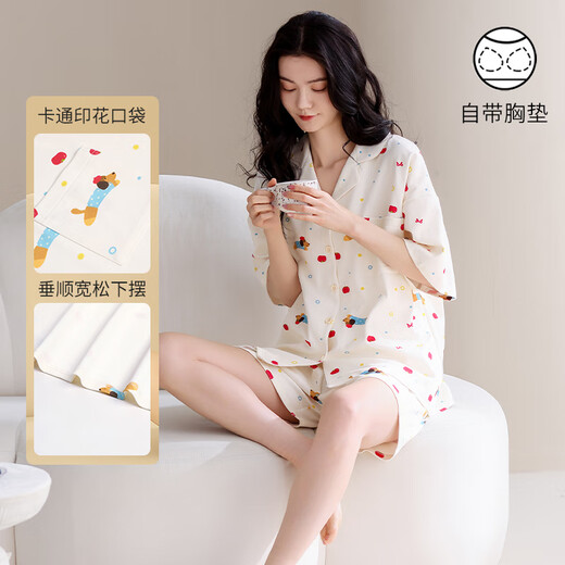 猫人（MiiOW）睡衣女士纯棉夏季带胸垫透气少女休闲2025新款可外穿家居服套装 可爱狗狗 【100%新疆棉 带胸垫】 M 【建议体重80-105斤】