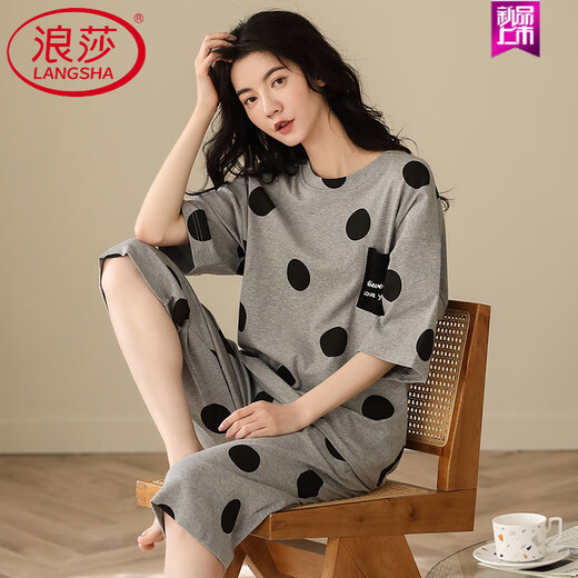 
LangSha pajamas (LangSha) women's summer pure cotton short-sleeved cropped pants full cotton dots can be worn outside for women's home clothes 9856 [pure cotton] M Recommended 80-100Jin [Jin equals 0.5 kg]