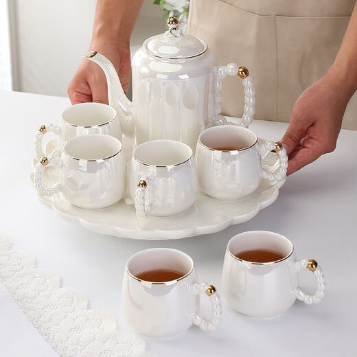 Cool season light luxury high-end housewarming ceramic water set tea cup household tea set Nordic living room teapot cup water cup complete set pearl high-end white 6 cups