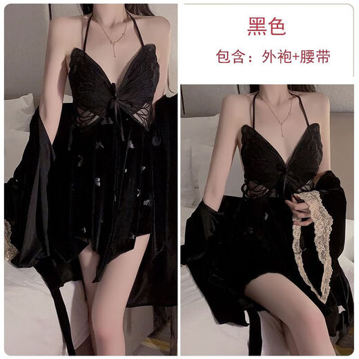 Lackiertes Kissenschlafen (Huazhenmian) Kleid mit rosigem samtigem gedrucktem Schmetterling Deep V Verwirrung und gepolstertem Gefühl Nachthemd mit Halsrobe und Heimkleidung 4102 3879 Taro Purple (Außengewand + Gürtel) All Size