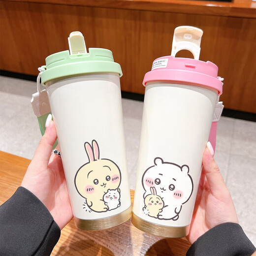 优观水杯保温杯保温杯学生女款带吸管大容量车载水杯 BXAB10975吉伊咔哇 520ML配挂绳白色彩绘打印