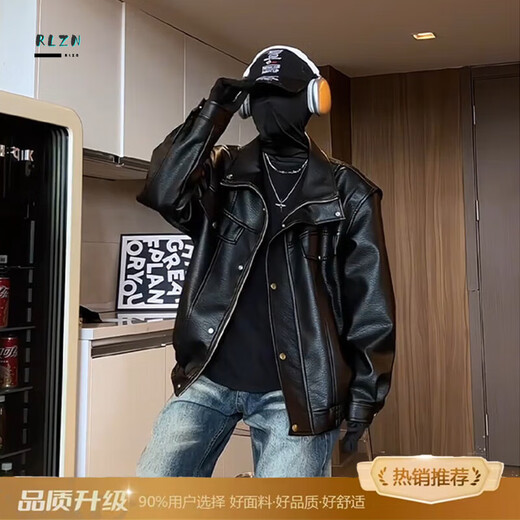 Main style (ZHUYIFAN) American structure splicing motorcycle leather jacket men's autumn trendy brand tough guy bomber jacket workwear handsome PU top black fabric upgrade L