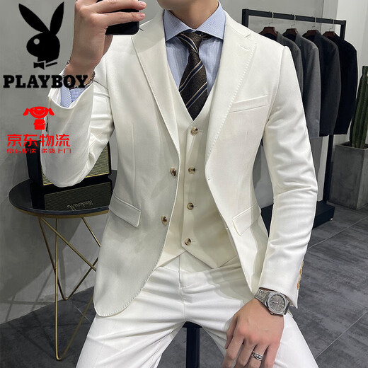 Playboy groom suit men's three-piece business professional formal wear wedding dress Korean style slim casual suit men XF20102-5 Chidanqing suit + vest + trousers 46 A