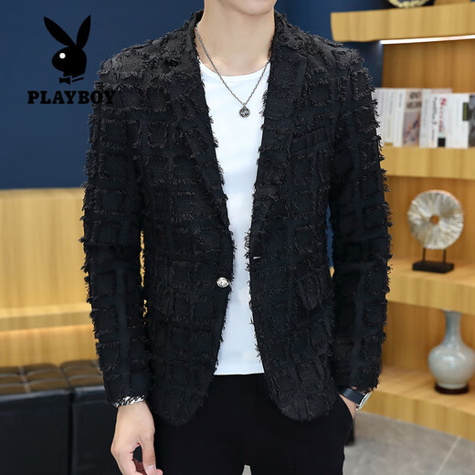 Playboy (PLAYBOY) suit jacket men's spring and autumn hairstylist slim nightclub handsome small suit Korean style trendy raw edge design top white M recommended weight 95-110Jin Jin is equal to 0.5 kg