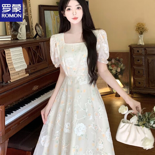 
ROMON French temperament square collar large size dress for women in summer 2025 new high-end style waist-hugging and slimming first love long skirt. Rattan flower light green [version good droop] L [105-115Jin [Jin equals about 0.5 kg]]