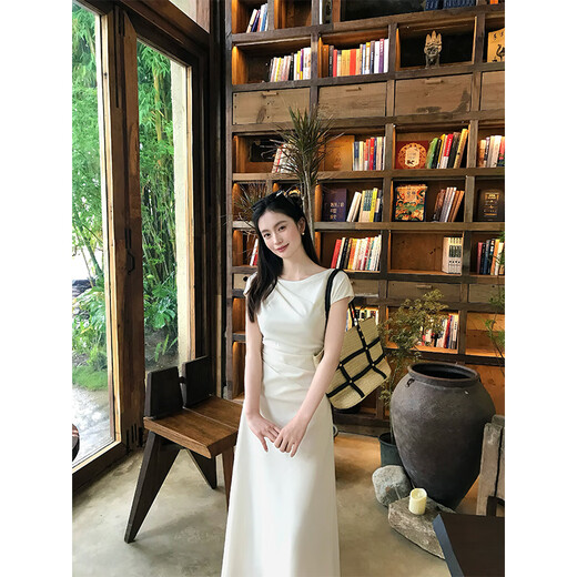 EIA Yiyao elegant art student temperament intellectual simple slanted shoulder dress women summer long and short skirt apricot long dress slightly shot L 110Jin Jin is equal to 0.5kg 120Jin Jin is equal to 0.5kg