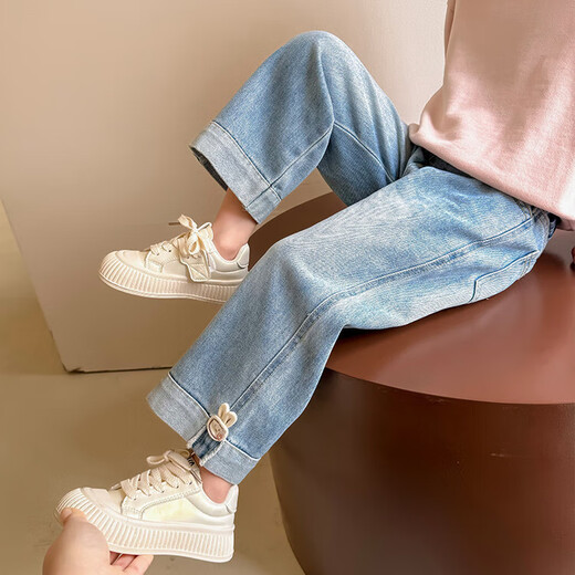 Girls' pants autumn 2025 new style of small and medium-sized children's straight-leg pants girls fashionable jeans children's wide-leg pants autumn K-158 rabbit jeans 130 Recommended height 120-130cm