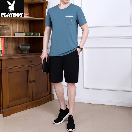 花花公子中老年运动服套装男夏季短袖短裤休闲圆领薄款透气中年爸爸装夏装 JM-723 水蓝色【T恤+短裤】 XL(建议120-140斤左右)