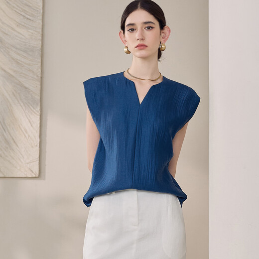 Roeyshouse French Light Are Mature Style Hochqualitätsfarbig V-Ausschnitt Shirt 2025 Sommer Neu einfaches ärmellose Top für Frauen 12356 Blau L.