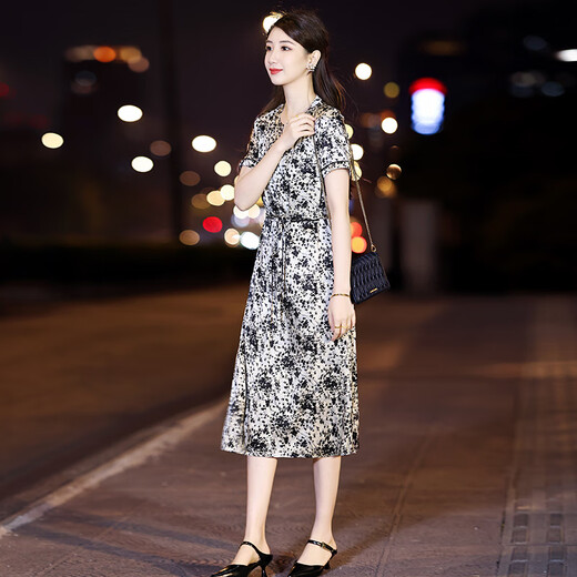Homesee overseas light luxury high-end dress printed silk dress for women short-sleeved mid-length version temperament waist-hugging mulberry silk skirt picture color 2XL 121-130Jin [Jin equals 0.5 kg]
