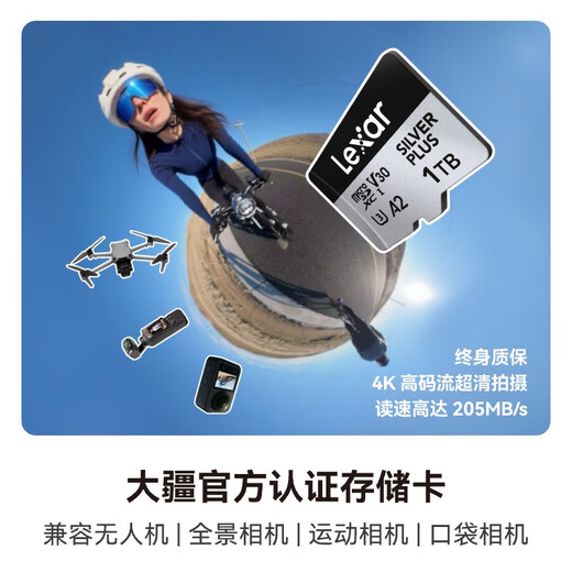 雷克沙（Lexar）1TB TF(MicroSD)存储卡 V30 4K 读205MB/s 无人机运动相机Pocket3官方推荐内存卡(SILVER PLUS)