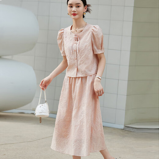 
Ehangy light luxury brand dress for women 2025 summer new high-end fashion slim embroidery two-piece skirt champagne powder (two-piece set) XL