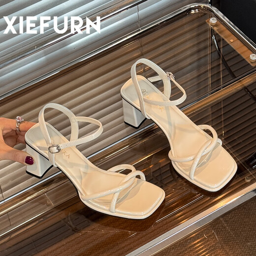 鞋夫人2025新款百搭粗跟细带高跟鞋夏季设计感小众一字带凉鞋 红色 7cm 40