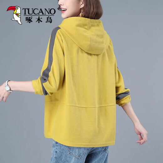 Holzspecker Einfache und modische Sweatshirt für Frauen in der Kapuze 2025 Frühling und Herbst Neue koreanische Version Farbblockieren lose Slim Top für Frauen Trendy Schöne gelbe M _85-105