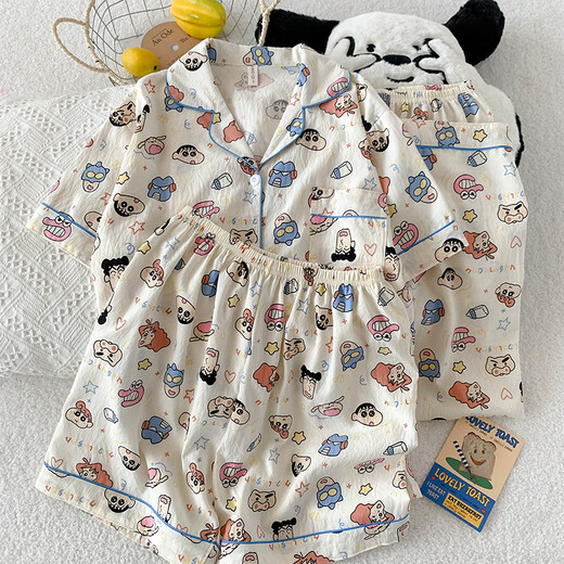 Niedlicher Crayon Shin-Yun-Baumwollpyjamas für Frauen dreiteilige Sommer-Strickjacke Cartoon Home Clothing Set JHX-9901J#Pink Bian Mike M Empfohlen 80-100
