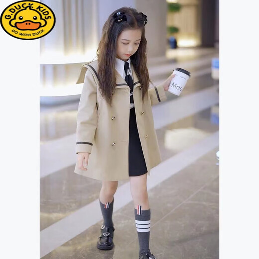 
G.DUCKKIDS girls windbreaker medium-length spring and autumn medium-large children's double-breasted navy collar top girl British style Korean style jacket single-piece windbreaker jacket 120 height 110-115cm Age 5-6 years old