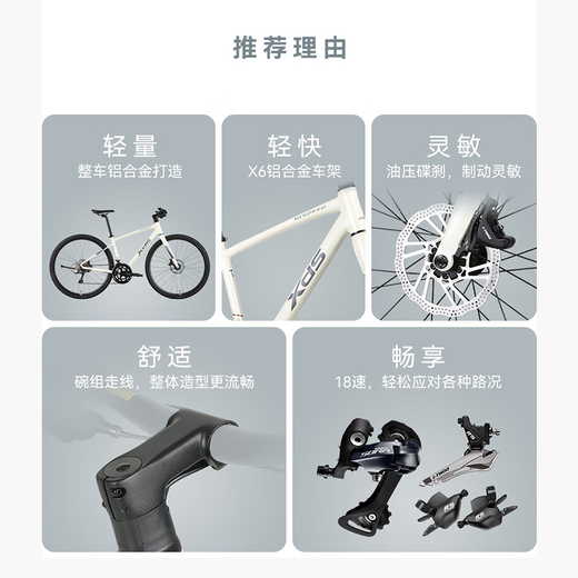 喜德盛（xds）极速380平把公路车油压碟刹18速禧玛诺后拨桶轴自行车成人 米白/卡其-桶轴版 480mm 建议身高170-180cm
