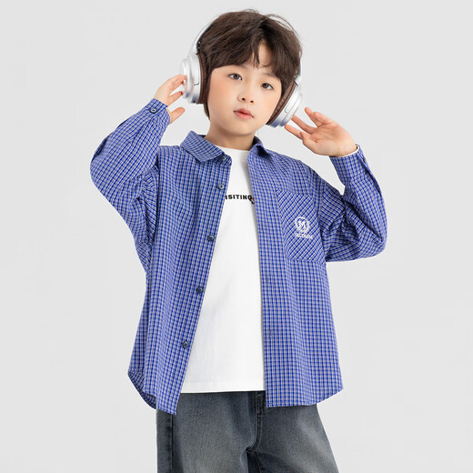 Duojia Boys' Shirts 2026 Spring and Autumn Classic Navy Blue Plaid Jacket LOGO Embroidered American Children's College Style Top