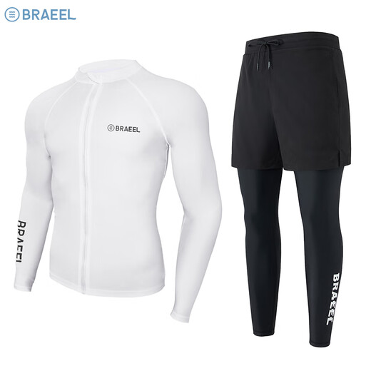 TRAVEL BUDDIESbarrel swimsuit men's surf suit split quick-drying tight jellyfish snorkeling suit wetsuit long-sleeved trousers direct sale men's pure white (cardigan) top + black trousers two-piece set 2XL (150-170Jin Jin equals 0.5 kg) One size fits all